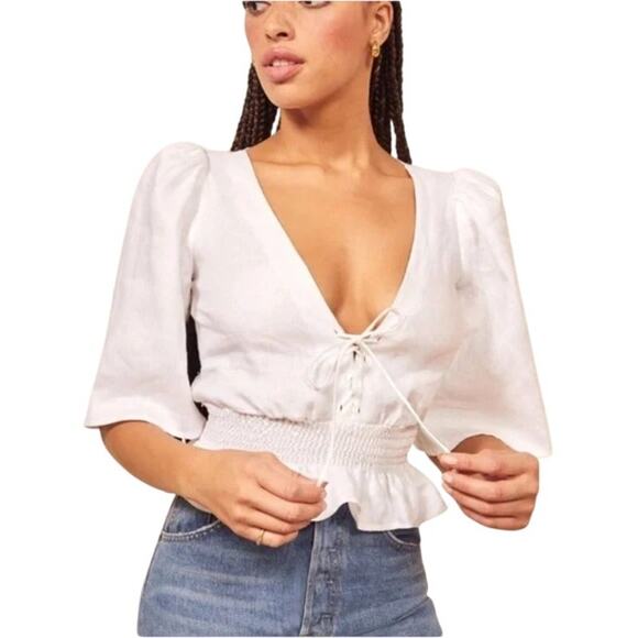 Reformation Tops - Reformation Emilia 100%Linen Boho Cottagecore White 3/4 Sleeve CrissCross Top-XS